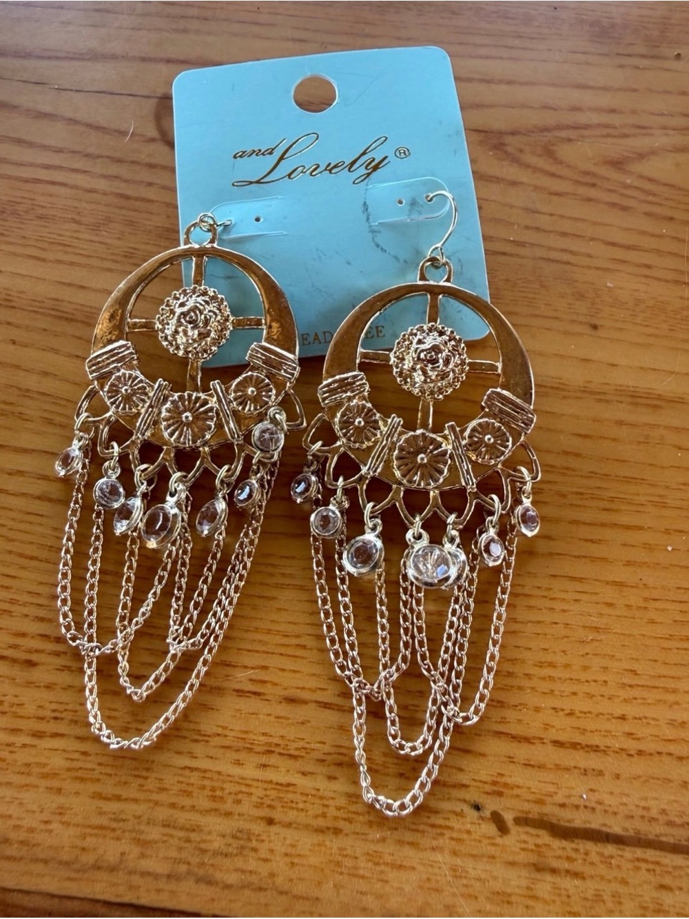 And Lovely Gold Filigree Chain Drop Earrings with Crystal Accents